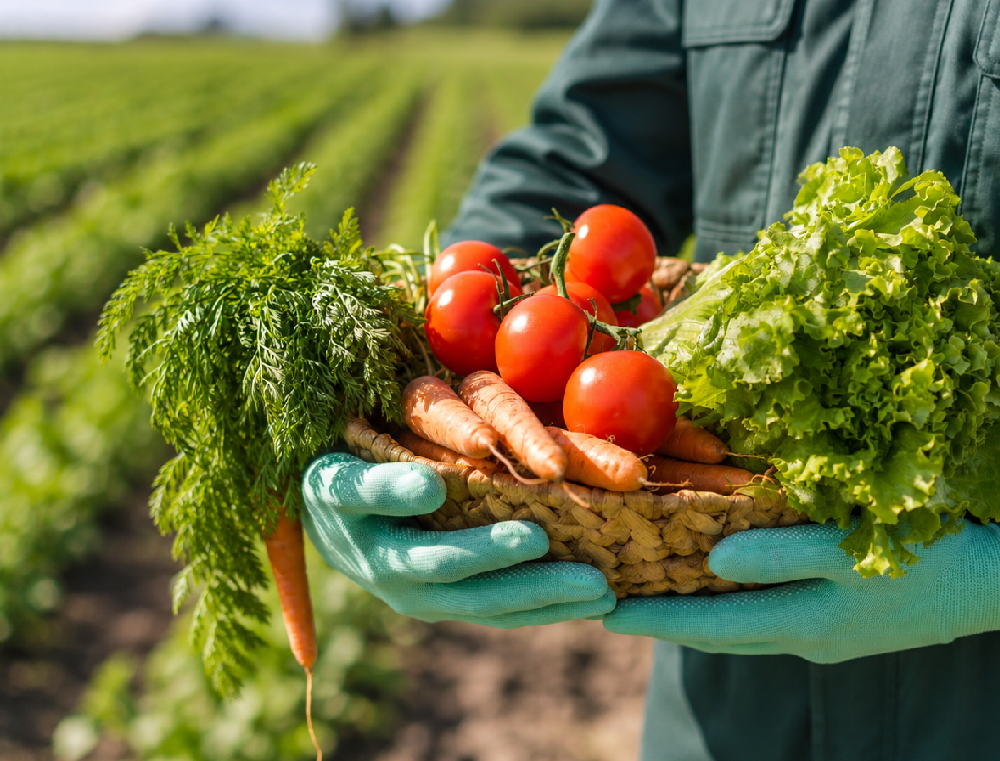 Person holding a basket of fresh produce in a field
